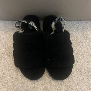 UGG WOMEN'S‎ FLUFF YEAH SLIPPER -OPEN TOE- BLACK– SIZE 9 US – USED Slingback